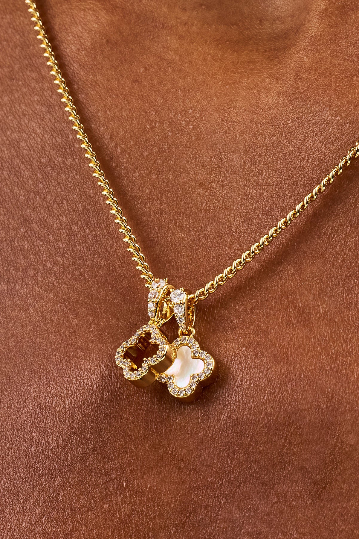 Iced & Mother Of Pearl Double Motif Necklace - 10mm - Gold